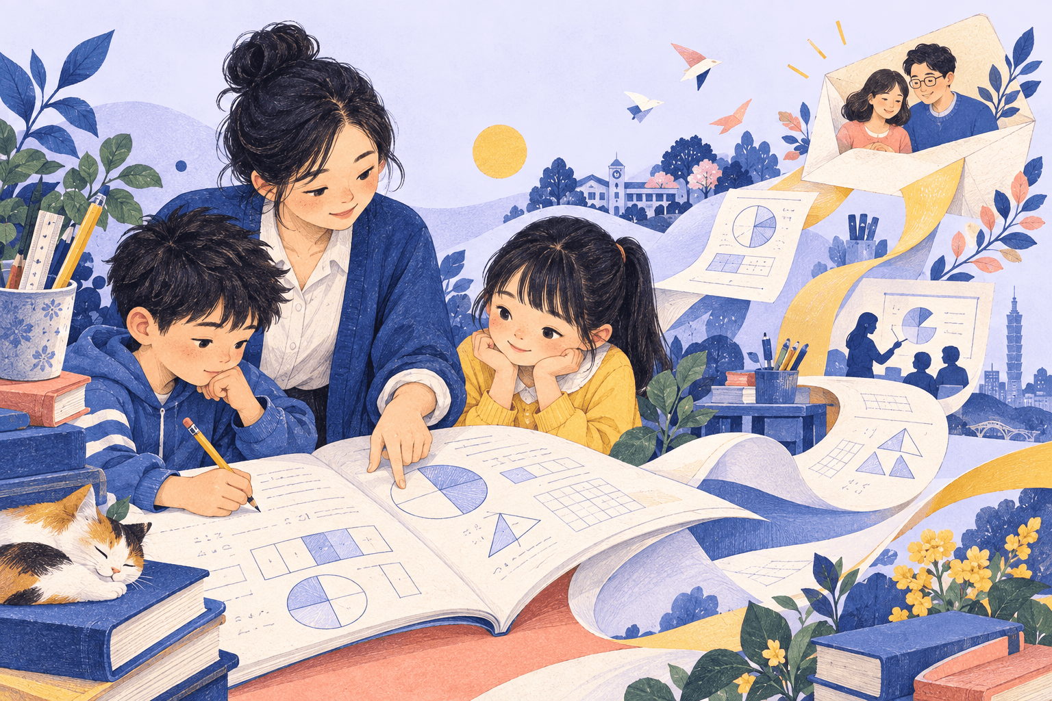 An original illustration of a teacher helping students think through math, with pages connecting learning, the classroom and home.